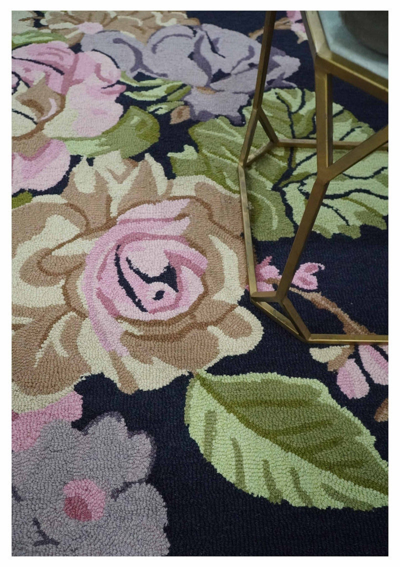 Colorful Rose Flower Dark Blue, Pink, Green and Tan Hand Tufted 5x8 Wool Area Rug - The Rug Decor