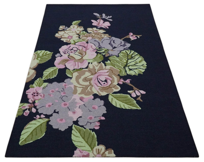 Colorful Rose Flower Dark Blue, Pink, Green and Tan Hand Tufted 5x8 Wool Area Rug - The Rug Decor