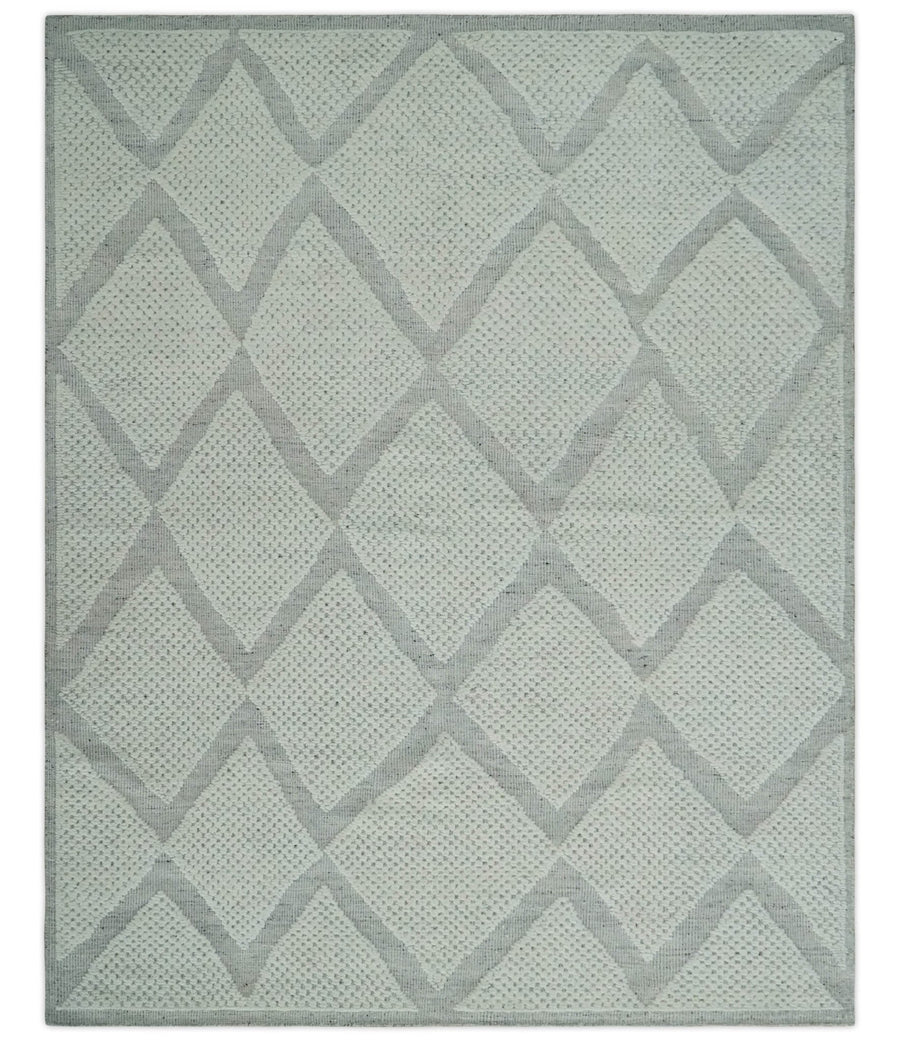 Contemporary 8x10 Ivory and Silver Traditional Geometrical Pattern Hand Knotted Wool Area Rug - The Rug Decor