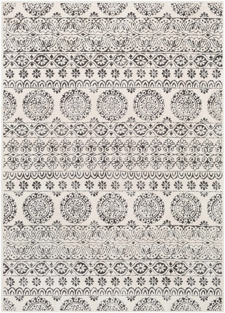 Contemporary Beige and Charcoal Tribal Design Medium Pile Area Rug - The Rug Decor