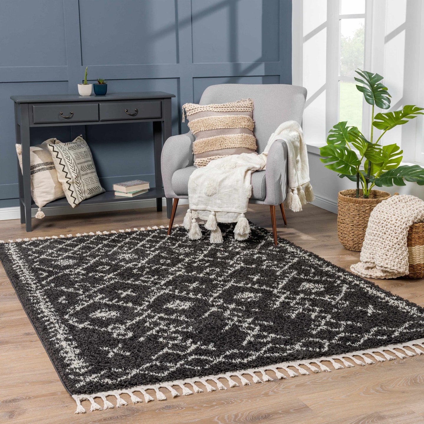 Contemporary Black and Beige Tribal Design Plush Pile Area Rug - The Rug Decor