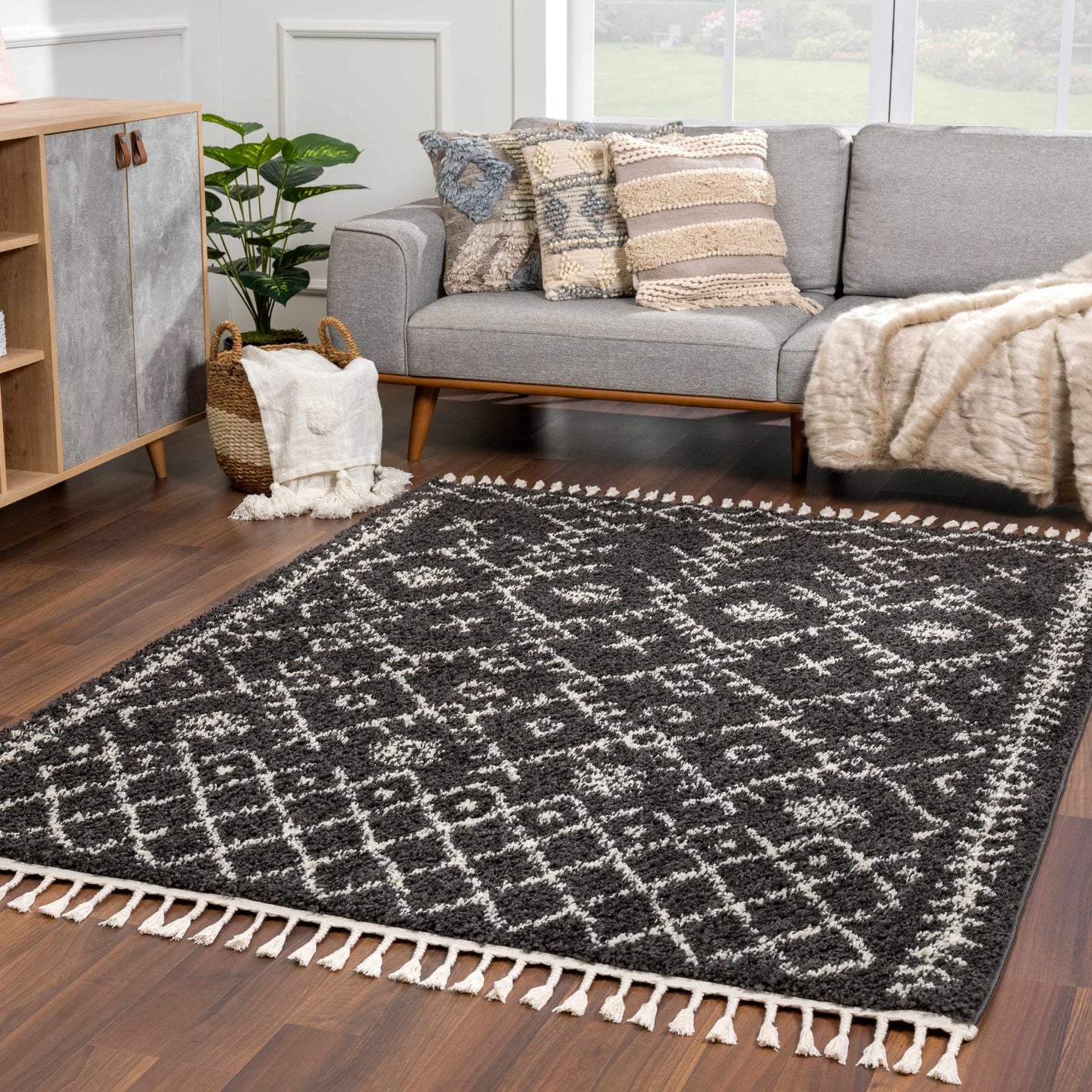 Contemporary Black and Beige Tribal Design Plush Pile Area Rug - The Rug Decor