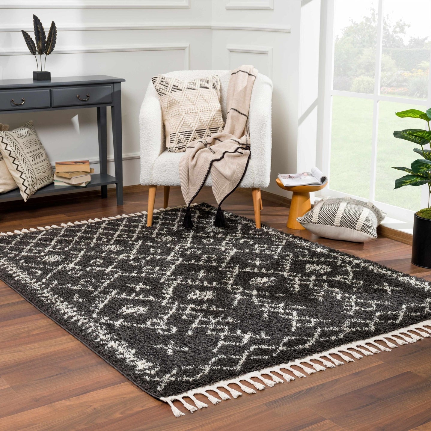 Contemporary Black and Beige Tribal Design Plush Pile Area Rug - The Rug Decor
