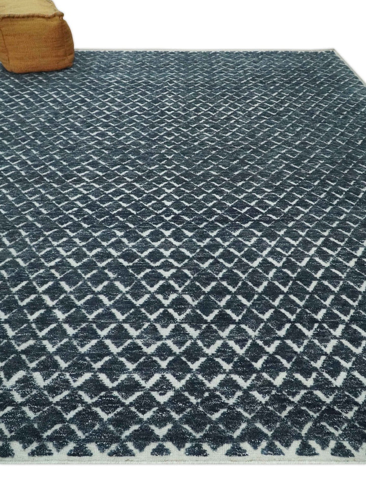 Contemporary Blue, Charcoal and Ivory Hand carved Geometrical Design Hand knotted wool Area Rug - The Rug Decor