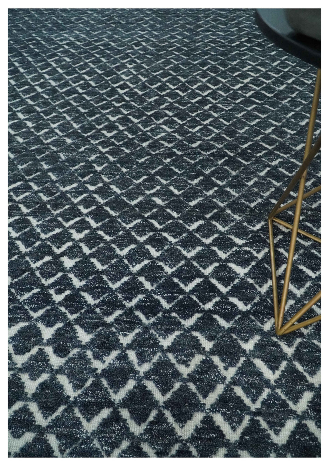Contemporary Blue, Charcoal and Ivory Hand carved Geometrical Design Hand knotted wool Area Rug - The Rug Decor