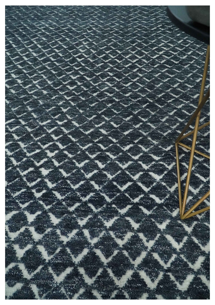 Contemporary Blue, Charcoal and Ivory Hand carved Geometrical Design Hand knotted wool Area Rug - The Rug Decor
