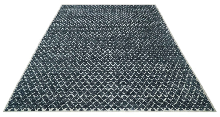 Contemporary Blue, Charcoal and Ivory Hand carved Geometrical Design Hand knotted wool Area Rug - The Rug Decor