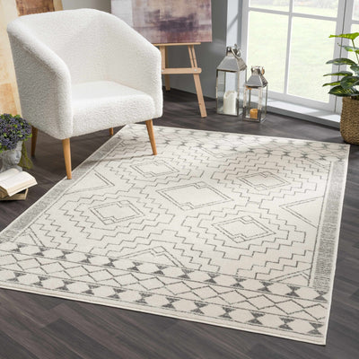 Contemporary Bohemian Ivory and Gray Moroccan Style Low Pile Area Rug - The Rug Decor