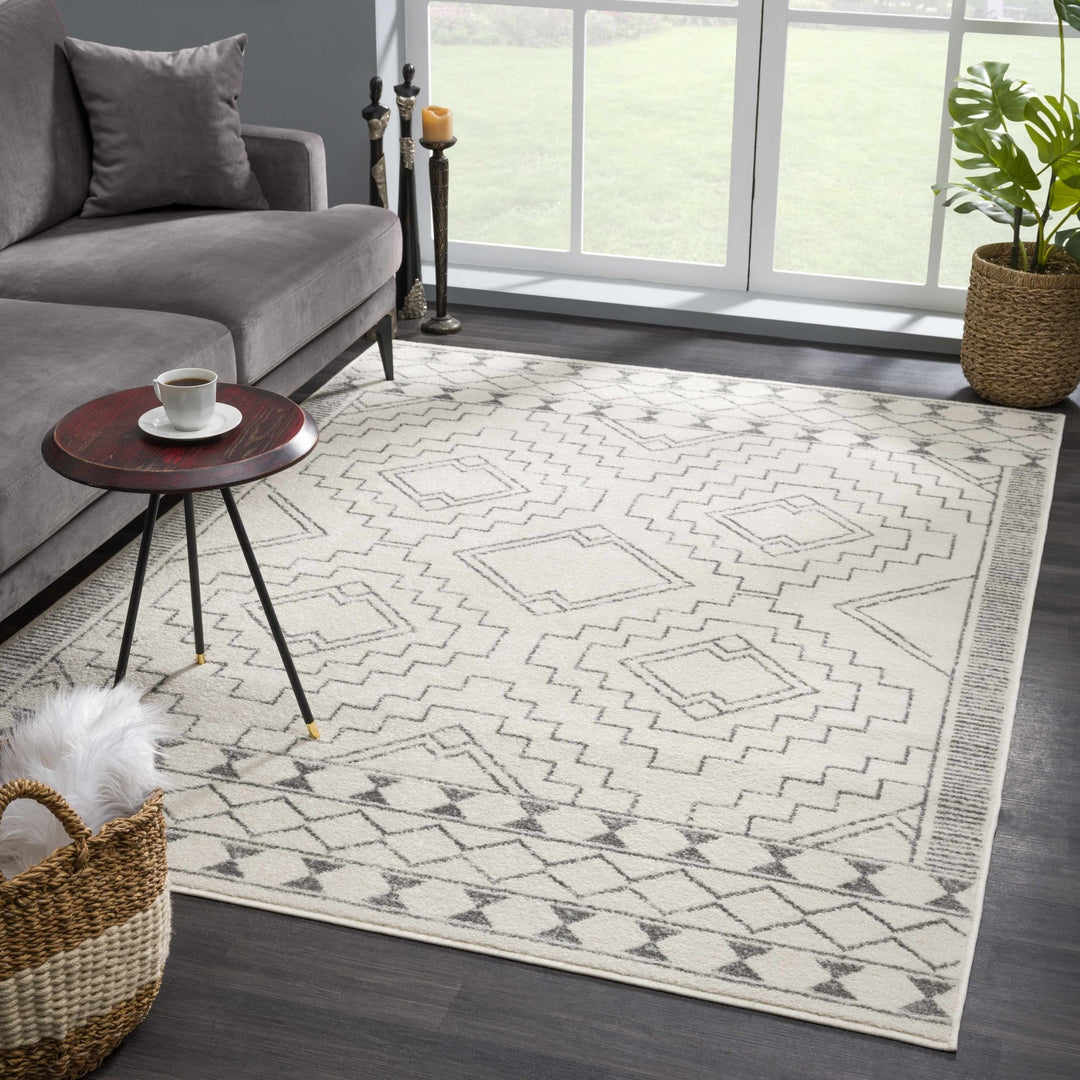 Contemporary Bohemian Ivory and Gray Moroccan Style Low Pile Area Rug - The Rug Decor