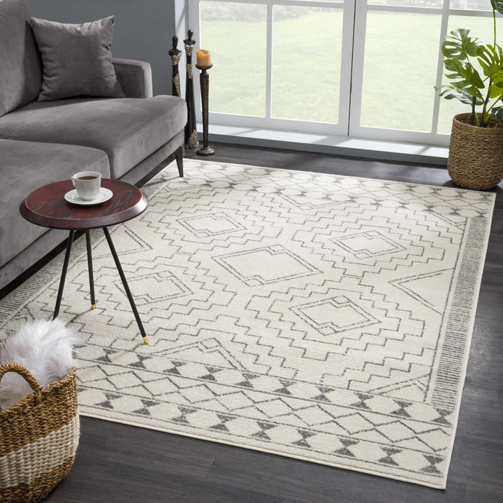 Contemporary Bohemian Ivory and Gray Moroccan Style Low Pile Area Rug - The Rug Decor