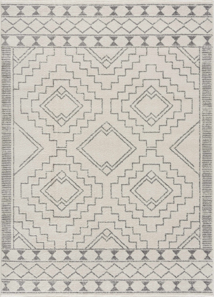 Contemporary Bohemian Ivory and Gray Moroccan Style Low Pile Area Rug - The Rug Decor