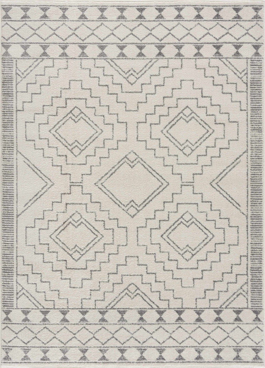 Contemporary Bohemian Ivory and Gray Moroccan Style Low Pile Area Rug - The Rug Decor