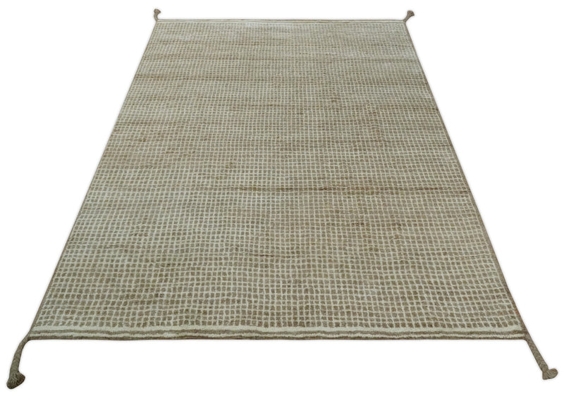 Contemporary Camel and Ivory Geometrical Square Design Hand Knotted 6.7x9.8 Wool Area Rug - The Rug Decor