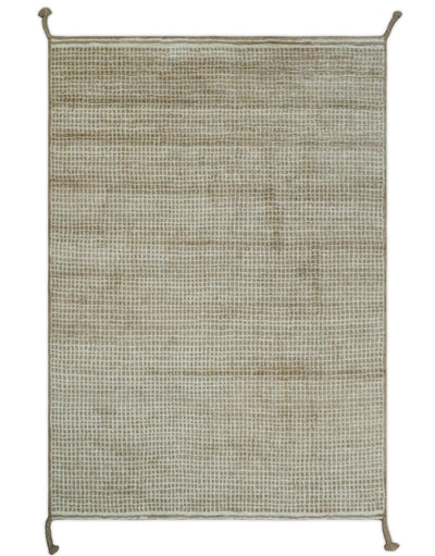 Contemporary Camel and Ivory Geometrical Square Design Hand Knotted 6.7x9.8 Wool Area Rug - The Rug Decor