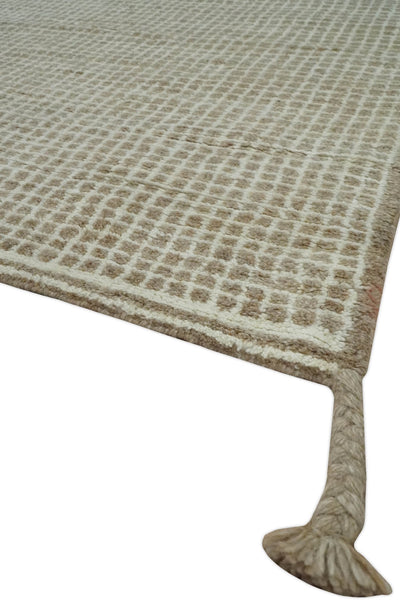 Contemporary Camel and Ivory Geometrical Square Design Hand Knotted 6.7x9.8 Wool Area Rug - The Rug Decor