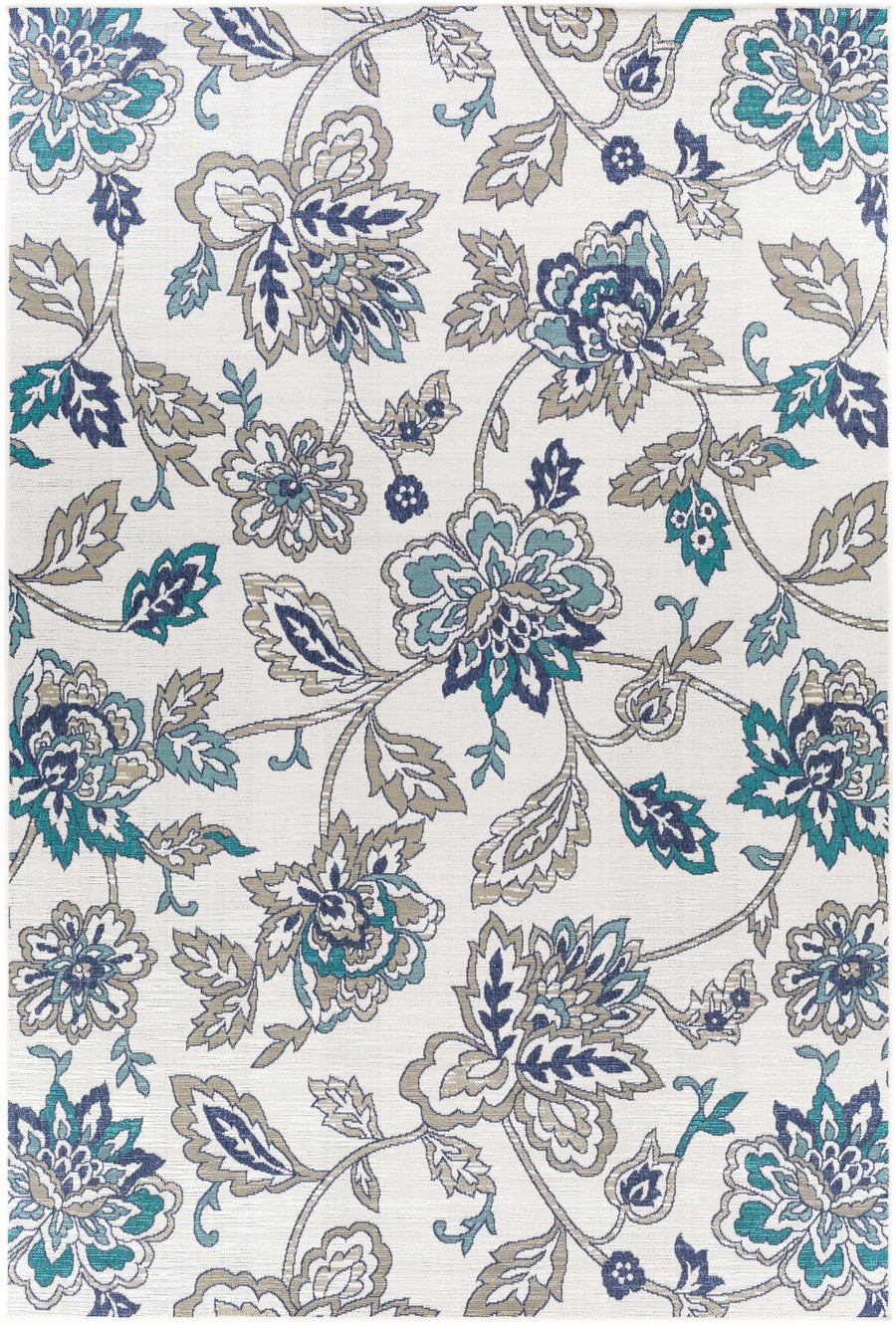 Contemporary Floral Design Beige, Teal, Blue and Grayish Brown Area Rug - The Rug Decor