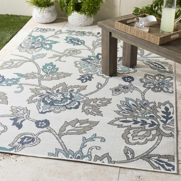 Contemporary Floral Design Beige, Teal, Blue and Grayish Brown Area Rug - The Rug Decor