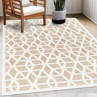 Contemporary Geometric Ivory and Camel Medium Pile Outdoor Area Rug - The Rug Decor