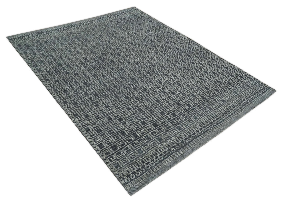 Contemporary Hand carved 8x10 Silver and Charcoal Traditional Geometrical Pattern Hand Knotted Wool Area Rug - The Rug Decor