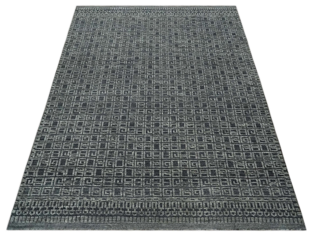 Contemporary Hand carved 8x10 Silver and Charcoal Traditional Geometrical Pattern Hand Knotted Wool Area Rug - The Rug Decor