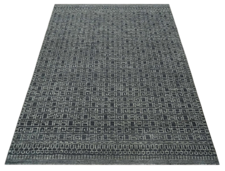 Contemporary Hand carved 8x10 Silver and Charcoal Traditional Geometrical Pattern Hand Knotted Wool Area Rug - The Rug Decor
