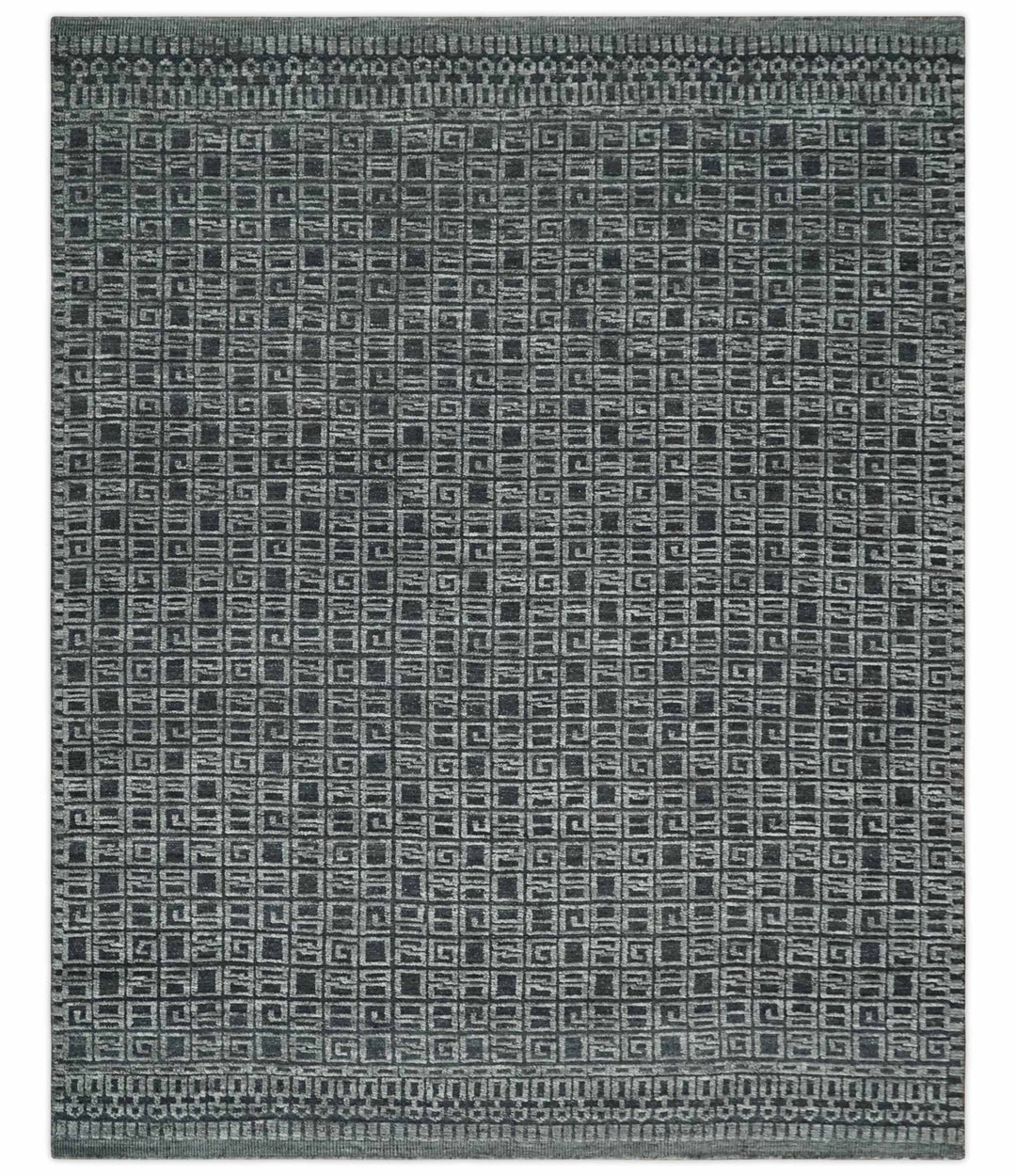 Contemporary Hand carved 8x10 Silver and Charcoal Traditional Geometrical Pattern Hand Knotted Wool Area Rug - The Rug Decor