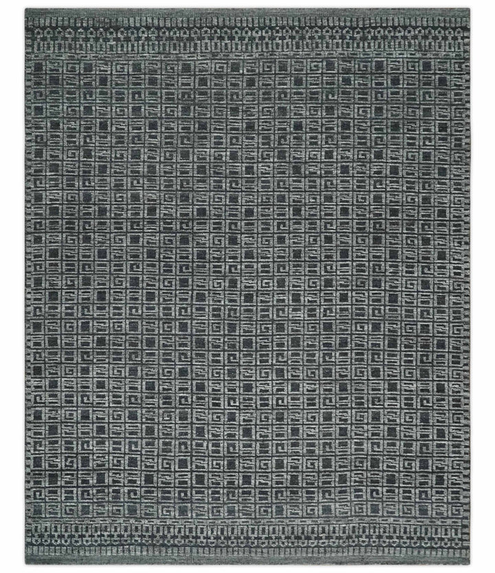 Contemporary Hand carved 8x10 Silver and Charcoal Traditional Geometrical Pattern Hand Knotted Wool Area Rug - The Rug Decor
