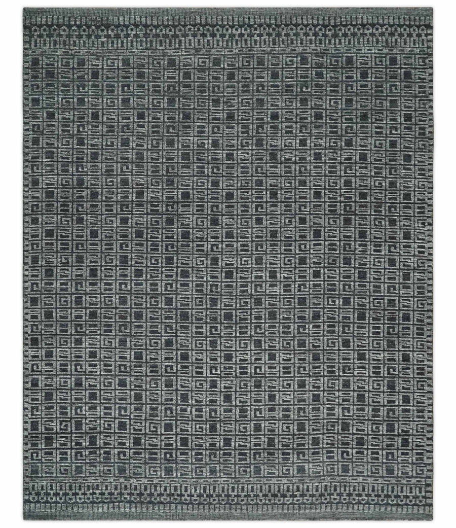 Contemporary Hand carved 8x10 Silver and Charcoal Traditional Geometrical Pattern Hand Knotted Wool Area Rug - The Rug Decor