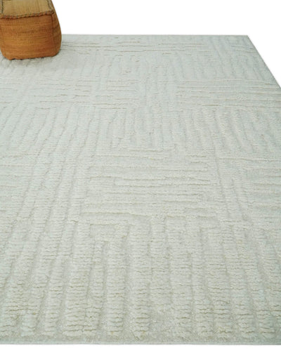 Contemporary High Low texture Hand knotted Ivory 8.6x9.10 wool Area Rug - The Rug Decor