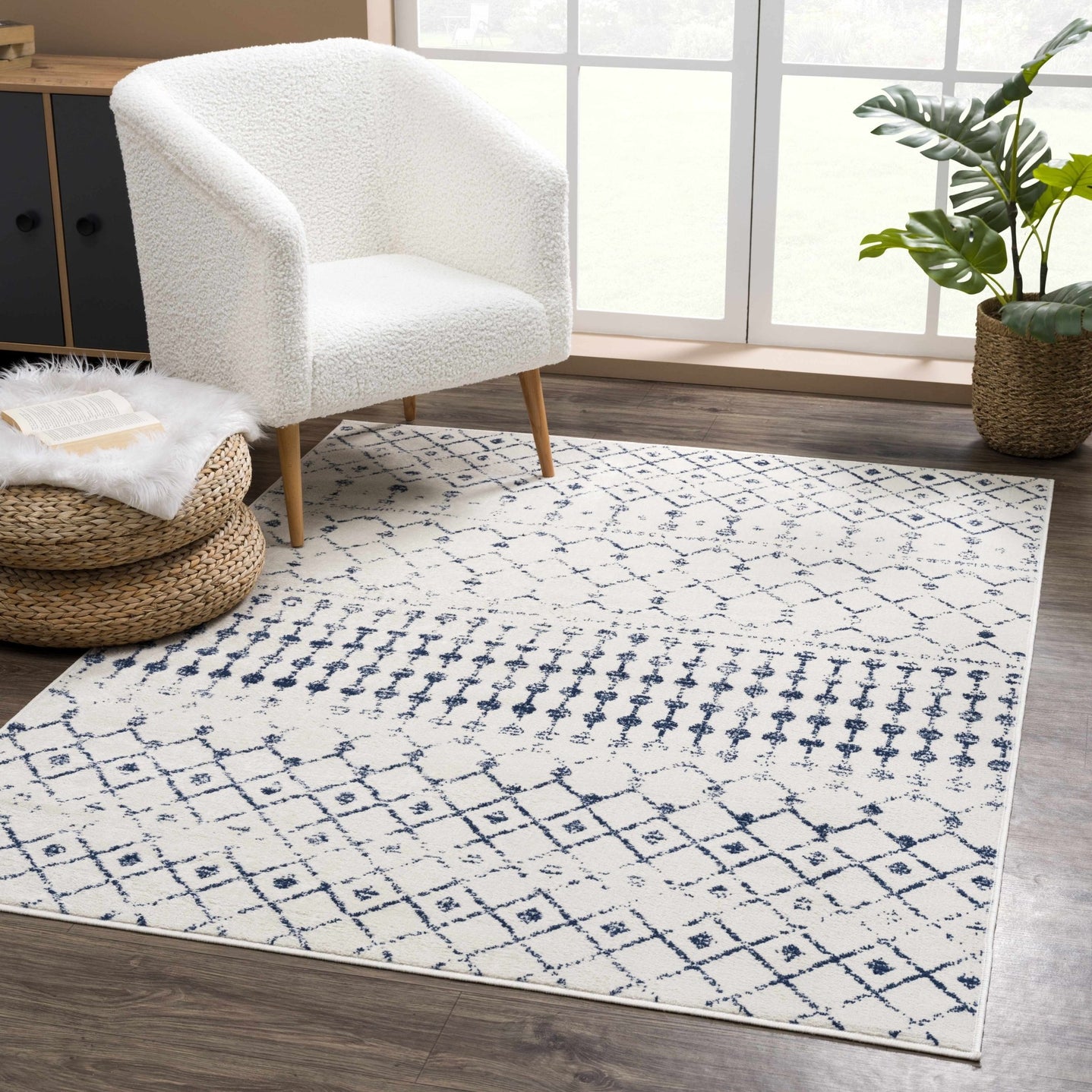Contemporary Ivory and Blue Tribal Trellis Medium pile Area Rug - The Rug Decor