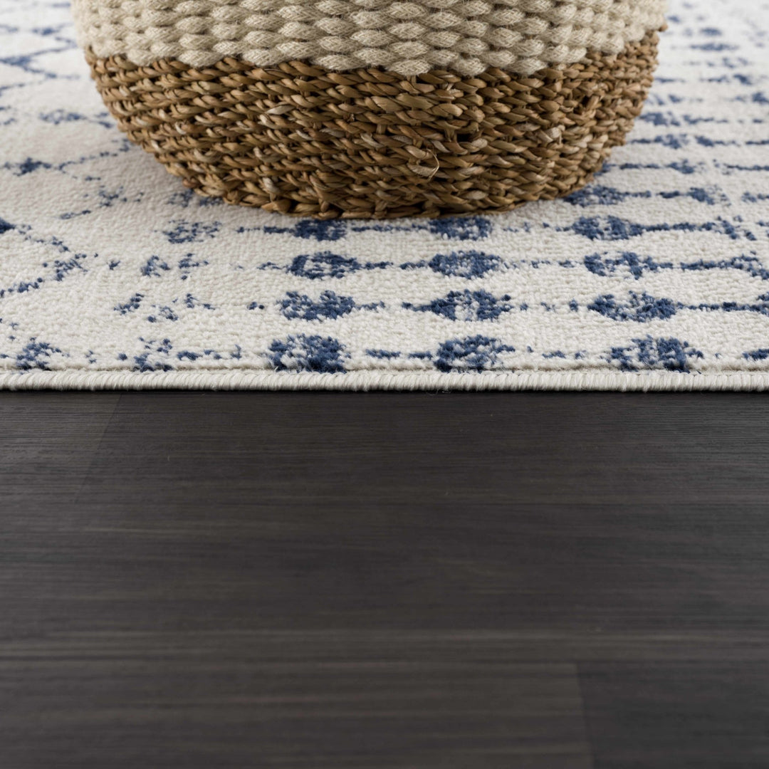 Contemporary Ivory and Blue Tribal Trellis Medium pile Area Rug - The Rug Decor