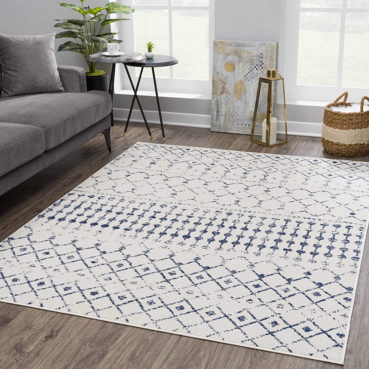 Contemporary Ivory and Blue Tribal Trellis Medium pile Area Rug - The Rug Decor