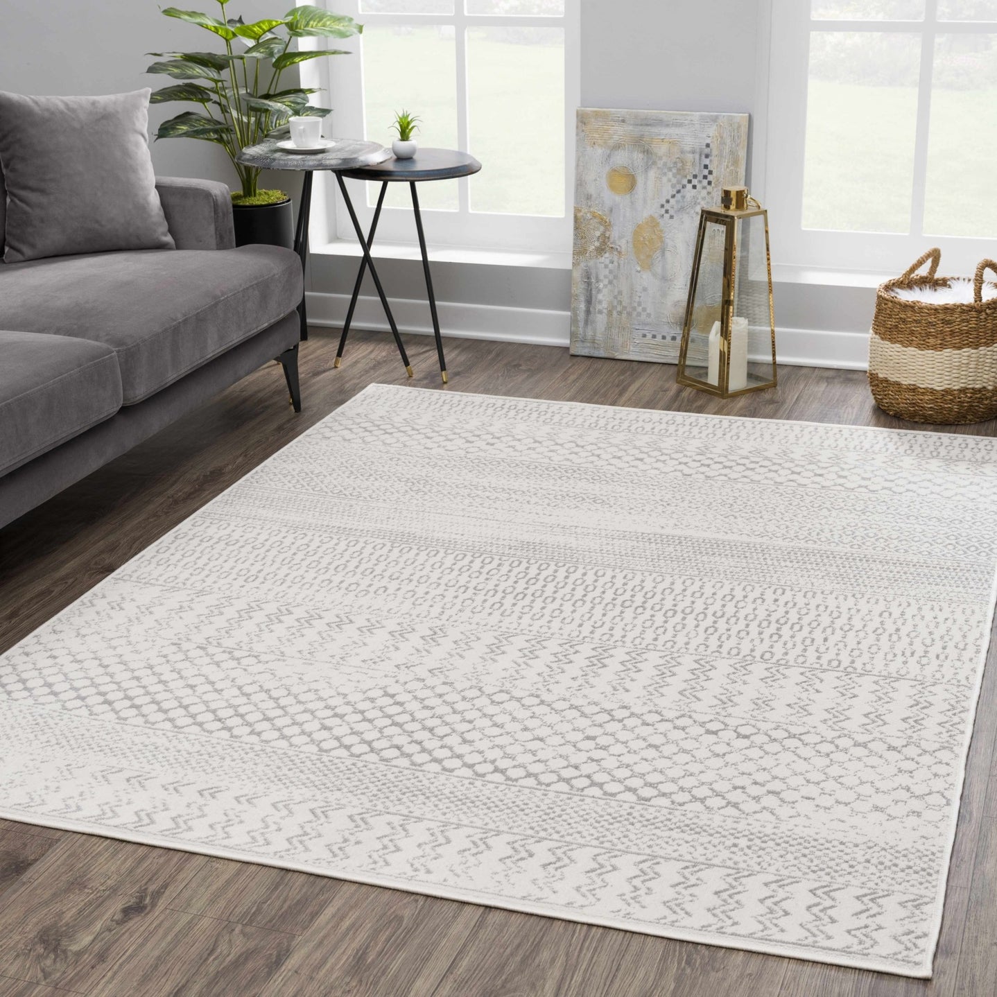 Contemporary Ivory and Gray Medium Pile Tribal Trellis Multi size Area Rug - The Rug Decor