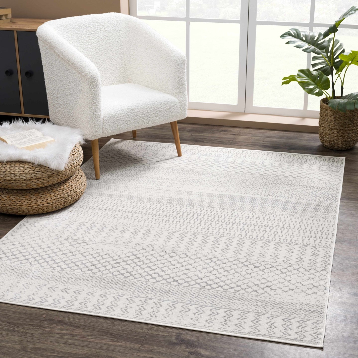 Contemporary Ivory and Gray Medium Pile Tribal Trellis Multi size Area Rug - The Rug Decor