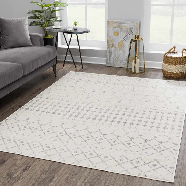Contemporary Ivory and Gray Tribal Trellis Design Medium Pile Area Rug - The Rug Decor