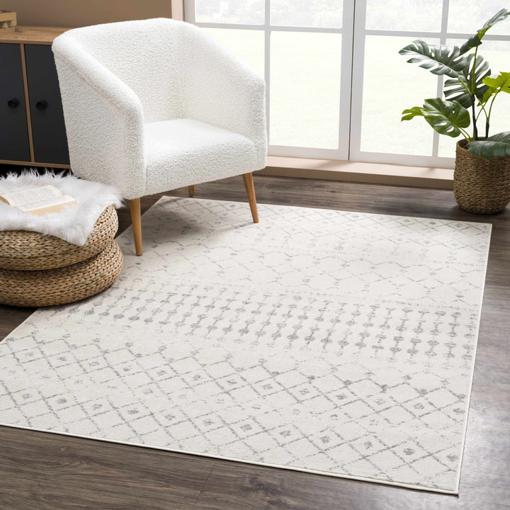 Contemporary Ivory and Gray Tribal Trellis Design Medium Pile Area Rug - The Rug Decor