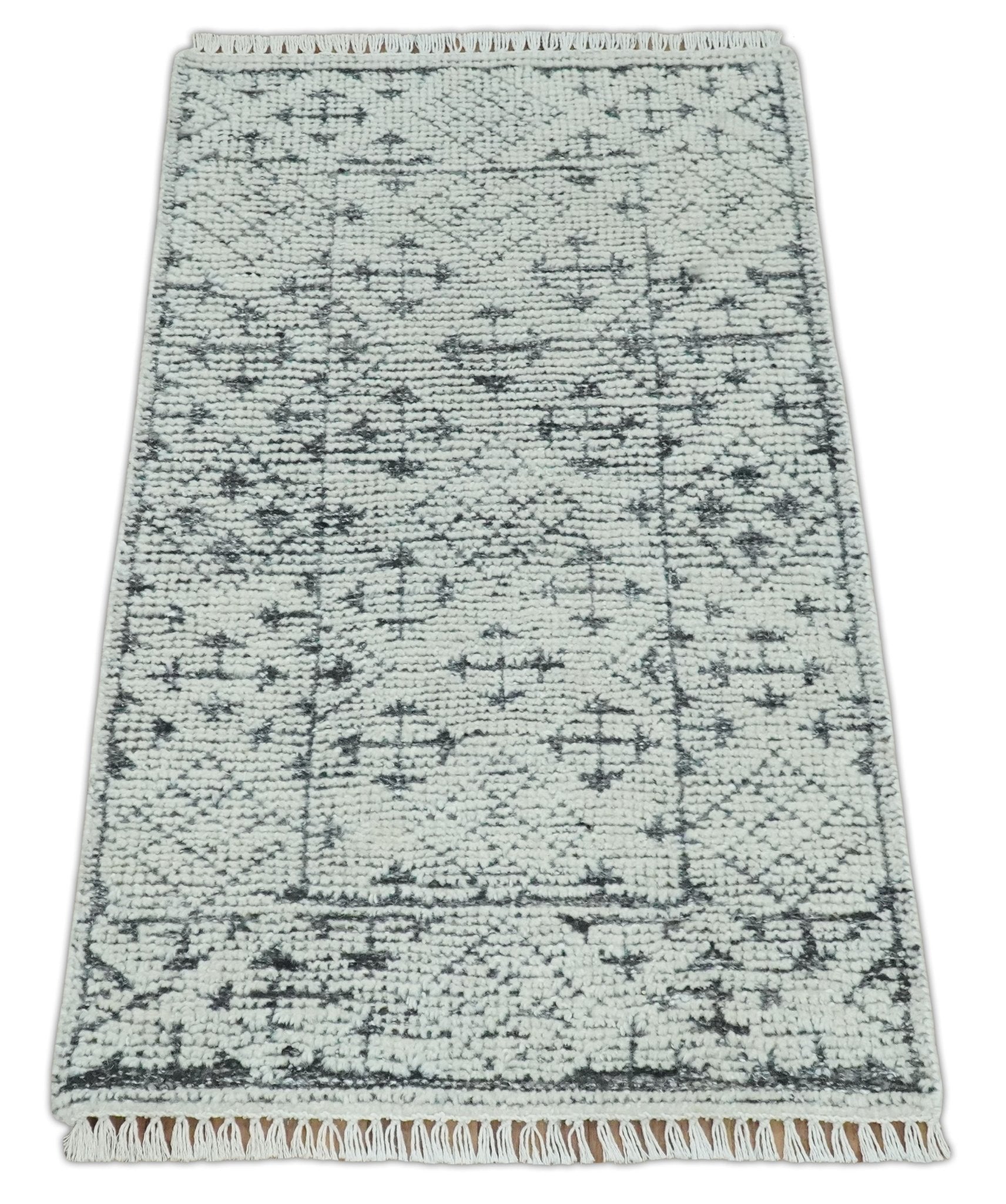 2x3 Hand Knotted Ivory and Charcoal Geometrical Design Wool Area Rug in  2023