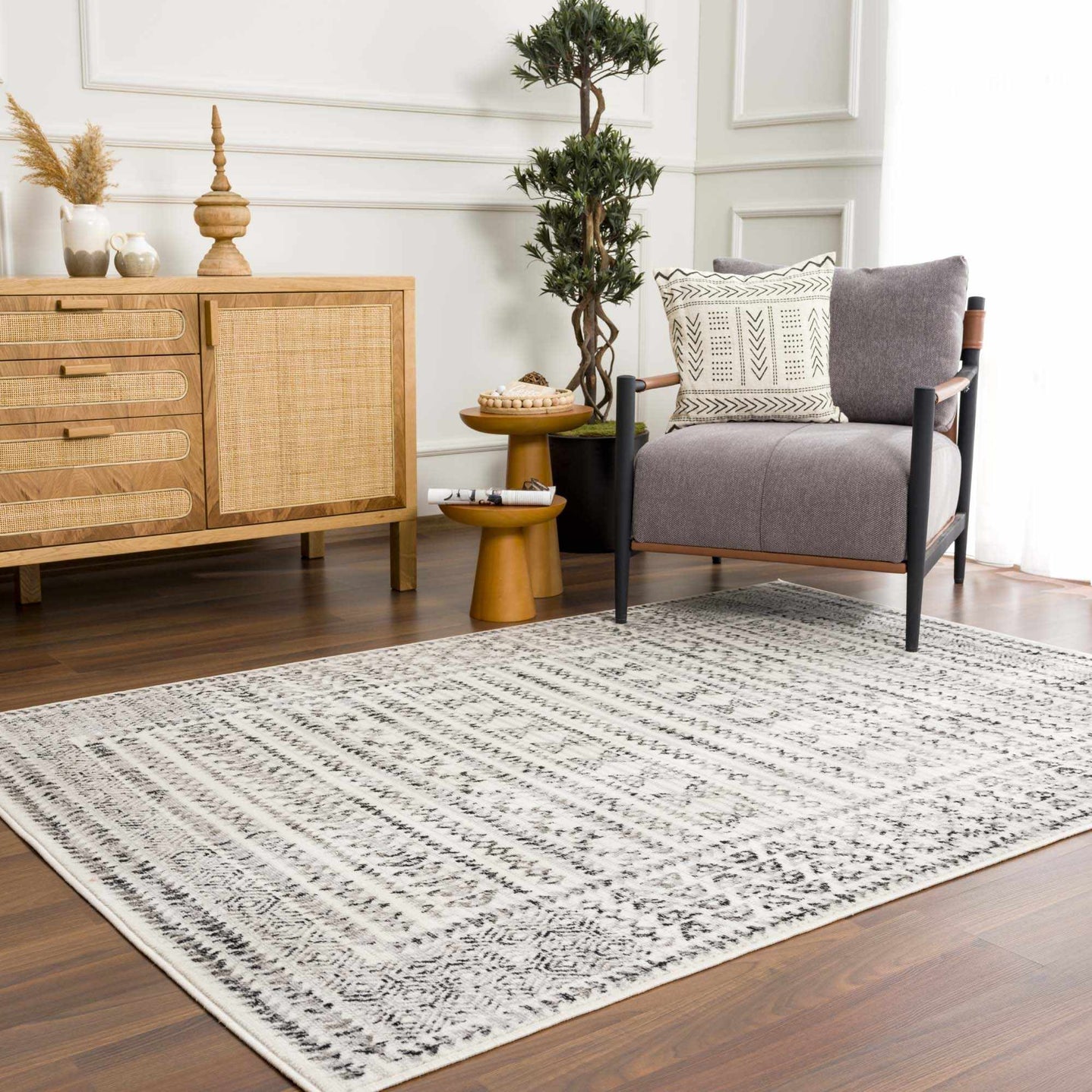 Contemporary Tribal Design Plain Black, Light Gray, Charcoal, Off white area rug - The Rug Decor