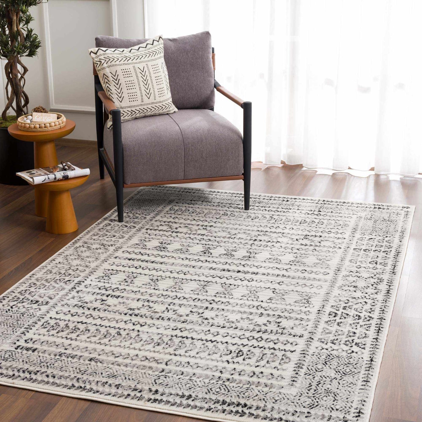 Contemporary Tribal Design Plain Black, Light Gray, Charcoal, Off white area rug - The Rug Decor