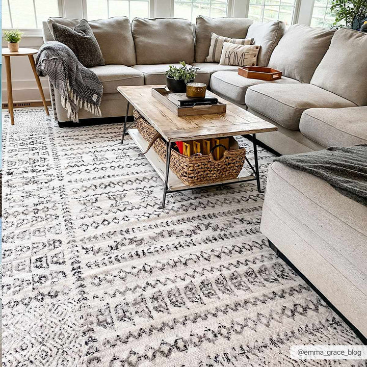 Contemporary Tribal Design Plain Black, Light Gray, Charcoal, Off white area rug - The Rug Decor