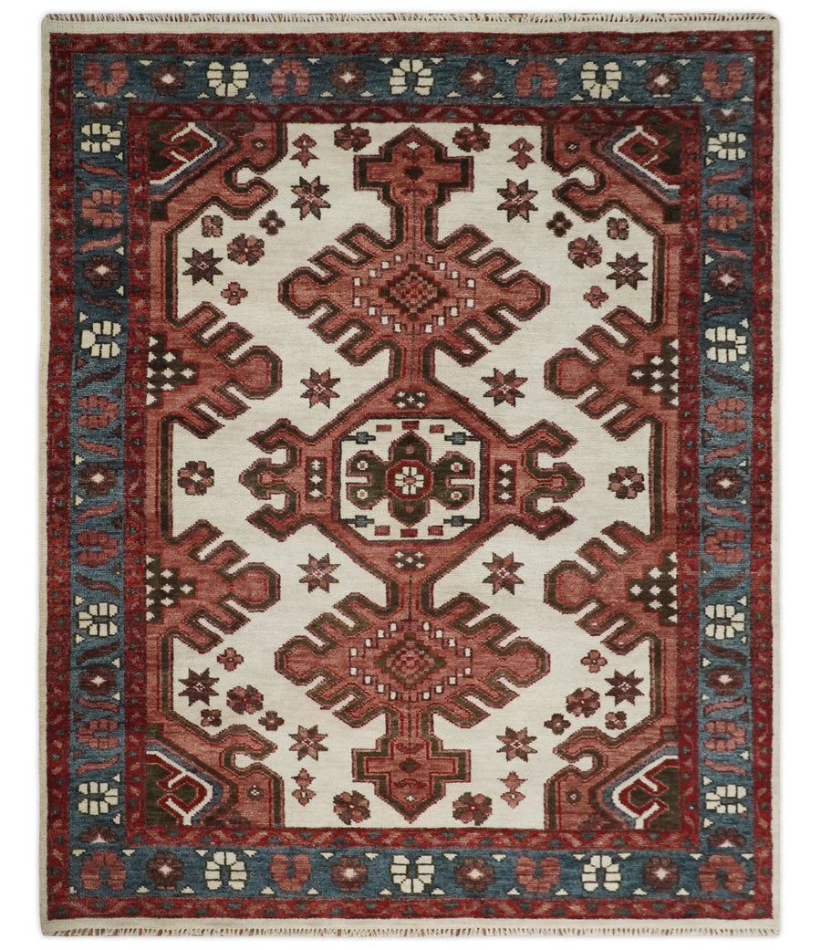 Coral Rust and Ivory 3x5, 4x6, 5x8,6x9, 8x10, 9x12, 10x14 and 12x15 Hand Knotted Traditional Persian Heriz Serapi Wool Rug | TRDCP710 - The Rug Decor