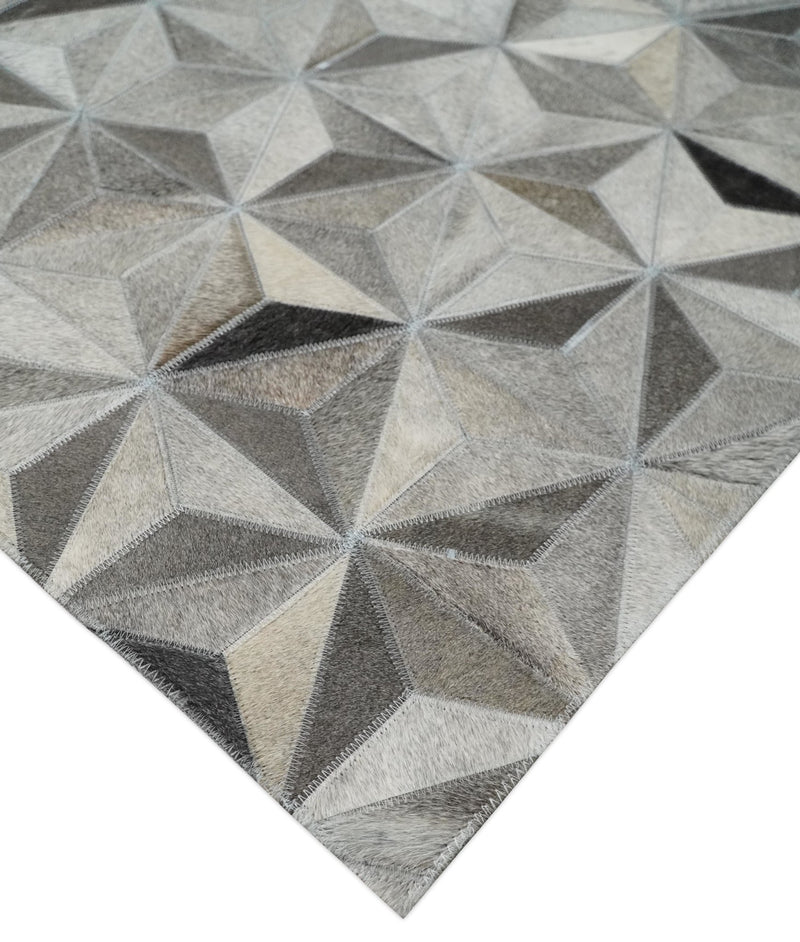 Cowhide Leather Patchwork Silver and Gray Leather Rug, 4x6, 5x8, 6x9, 8x10, 9x12 Modern Geometric Rug | LR22 - The Rug Decor