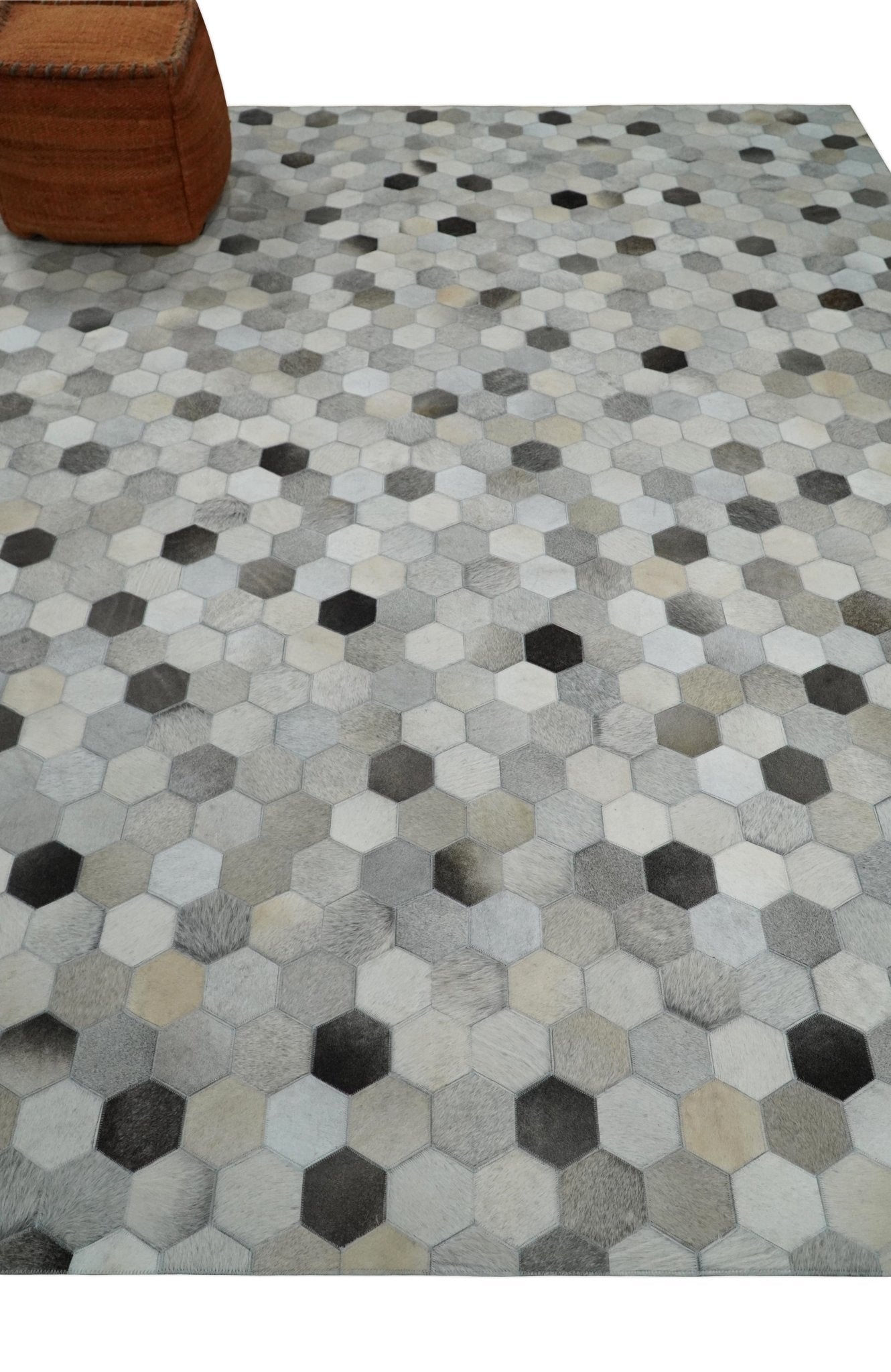 Cowhide Leather Patchwork Silver and Ivory Leather Rug, 4x6, 5x8, 6x9, 8x10, 9x12 Modern Geometric Rug | LR23 - The Rug Decor