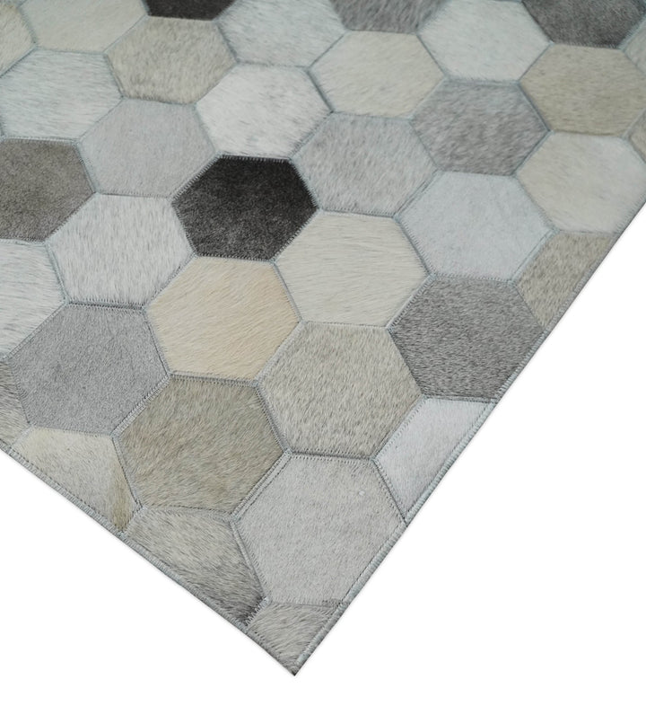 Cowhide Leather Patchwork Silver and Ivory Leather Rug, 4x6, 5x8, 6x9, 8x10, 9x12 Modern Geometric Rug | LR23 - The Rug Decor