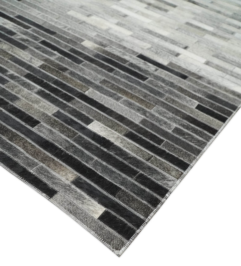 Cowhide Leather Striped Gray and Silver Leather Rug, 4x6, 5x8, 6x9, 8x10, 9x12 Modern Rug | LR19 - The Rug Decor