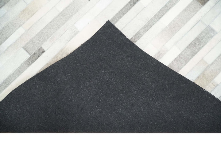 Cowhide Leather Striped Silver and Ivory Leather Rug, 4x6, 5x8, 6x9, 8x10, 9x12 Modern Rug | LR20 - The Rug Decor
