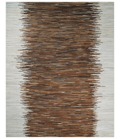 Cowhide Leather Striped Tan Brown and Ivory Leather Rug, 4x6, 5x8, 6x9, 8x10, 9x12 Modern Rug | LR21 - The Rug Decor