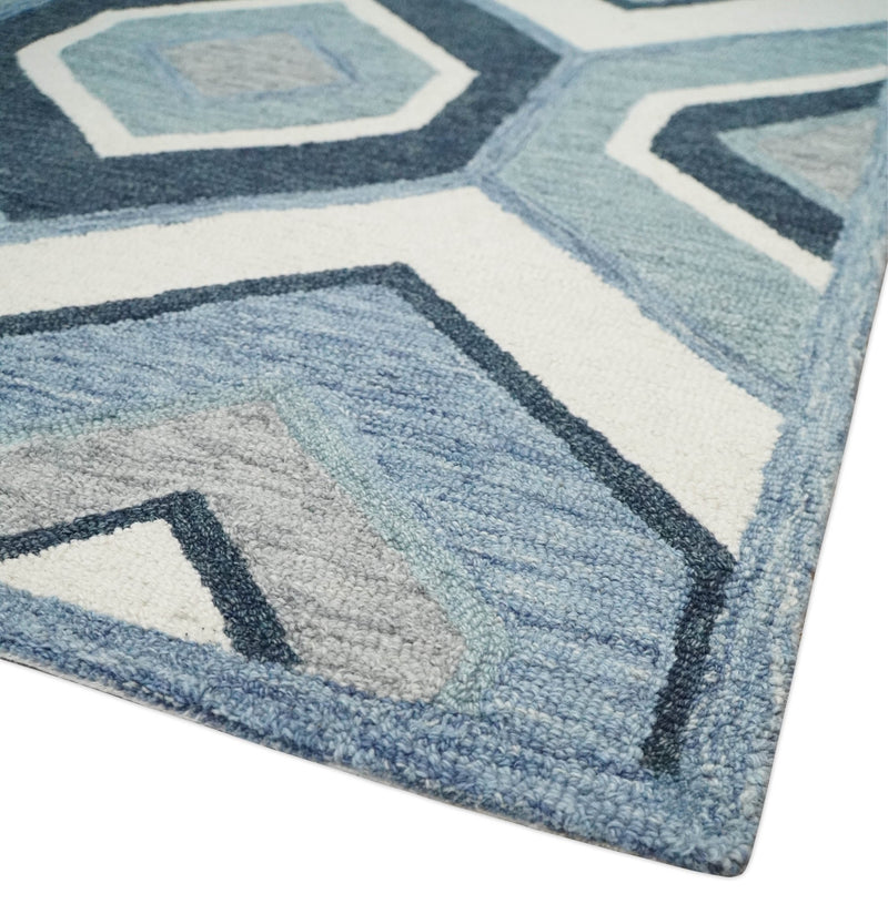 Custom Hand Tufted Ivory, Blue and charcoal Geometrical Pattern wool Area Rug - The Rug Decor