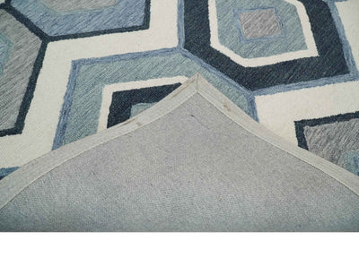 Custom Hand Tufted Ivory, Blue and charcoal Geometrical Pattern wool Area Rug - The Rug Decor