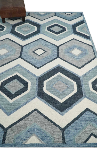 Custom Hand Tufted Ivory, Blue and charcoal Geometrical Pattern wool Area Rug - The Rug Decor
